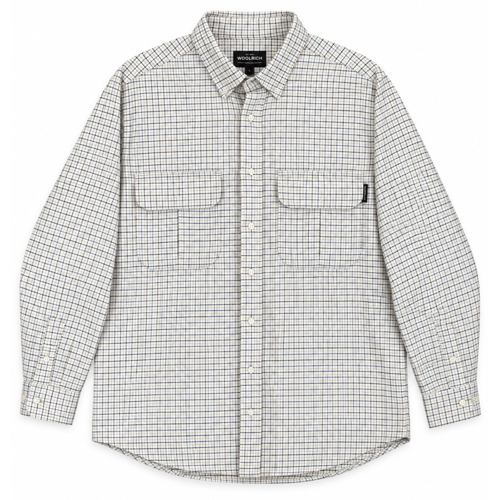 Woolrich Mens XL Tattersall Cotton Button Down Shirt Cream Blue Plaid 6064